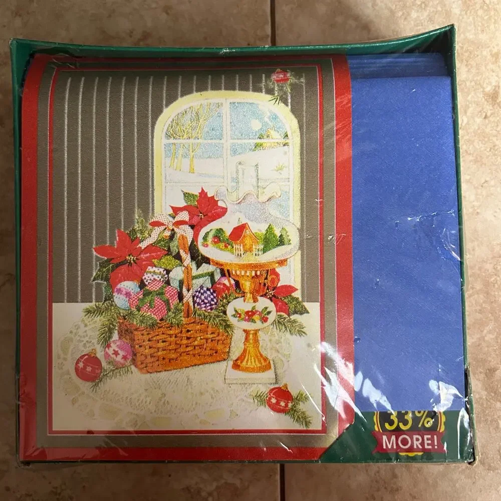 1992 Vinatage Christmas Cards Poinsettias Basket Chimney Xmas Tree Picture NEW